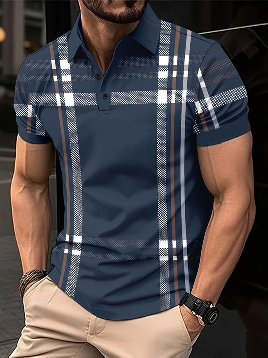 Men's retro plaid print short sleeve shirt, perfect for summer business travel. Features an orange and black/white checkered pattern in lightweight, machine washable polyester. Available in