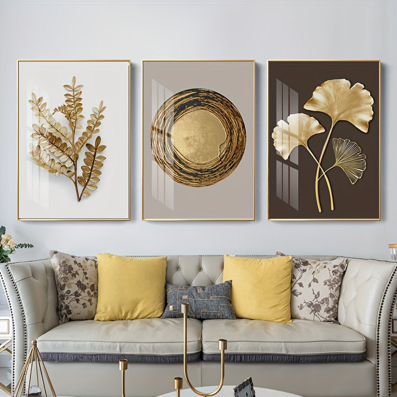 Set of 3 Modern Golden Leaf Wall Art - Frameless Ginkgo & Annual Wheel Prints, Elegant Nordic Decor for Living Room