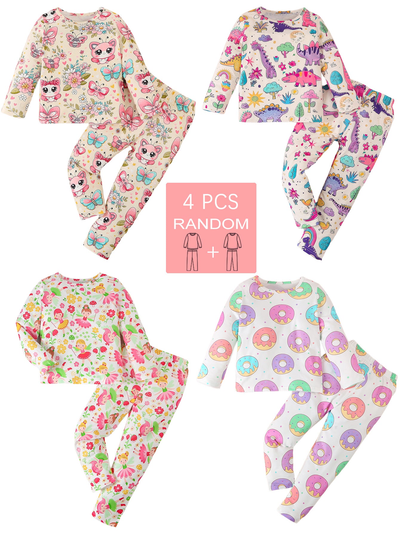 Girls' 4-piece pajama set with cute butterfly, girl, donut, and dinosaur patterns. Comfy for all seasons, made with stretchy polyester blend. Great daily gift.