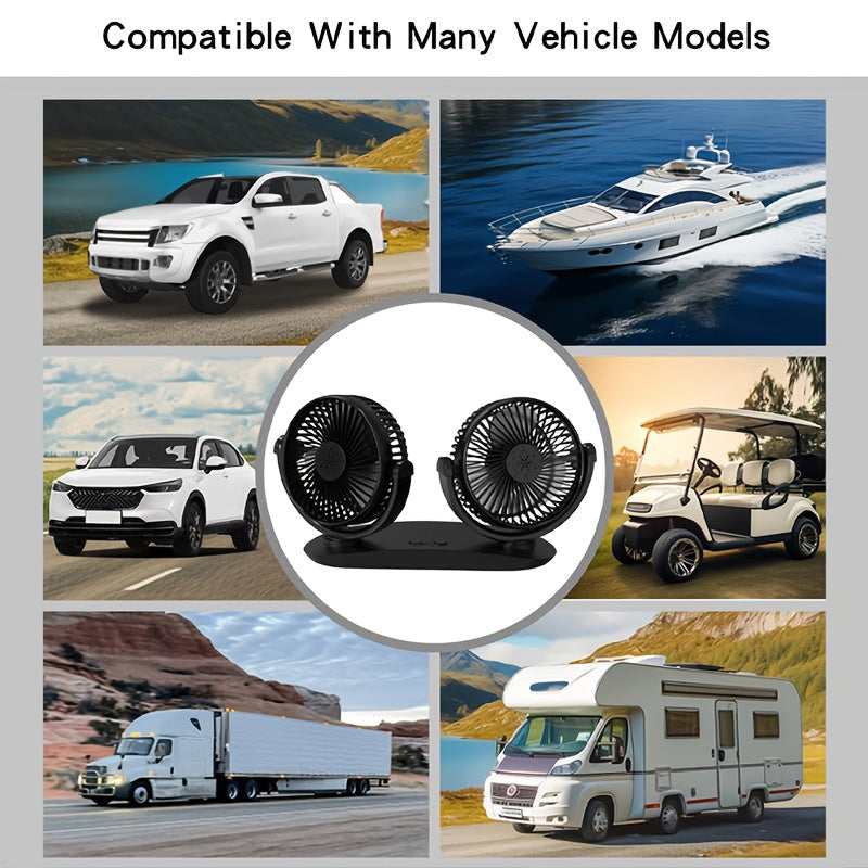 The Dual-Head USB Car Fan features three-speed wind adjustment, an aromatherapy cover, dual switches, multi-angle rotation, a brushless motor, lightweight and portable design, low noise operation, USB powered for energy-saving, a grid mesh cover, a