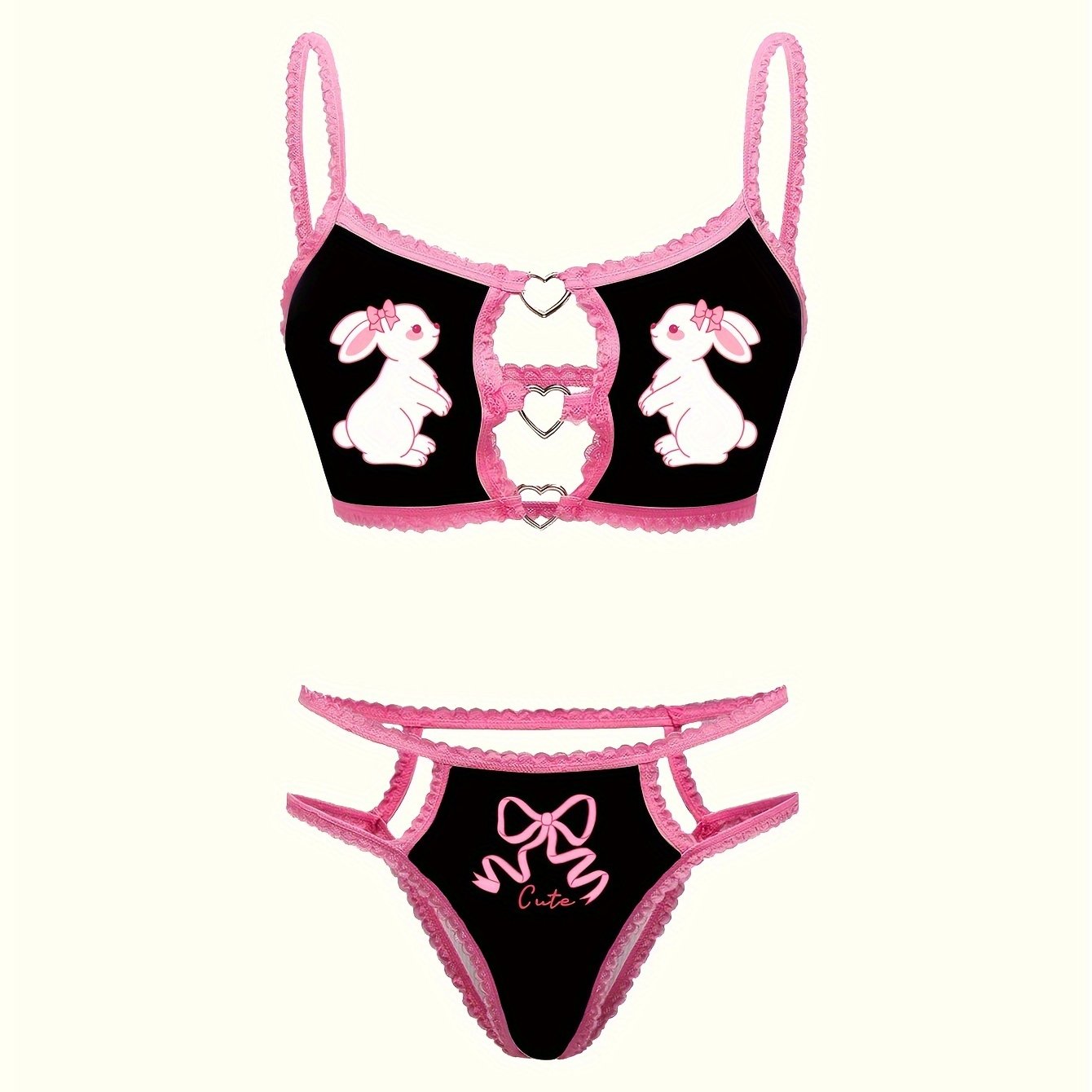 Pink lace set with cute rabbit print bra and panties.