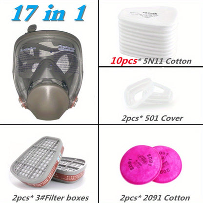 6800 Full Face Chemical Respirator Gas Mask with a 1 facepiece for painting, spraying, and chemical safety work, providing formaldehyde protection in sizes ranging from 7.62 to 68.58 cm.