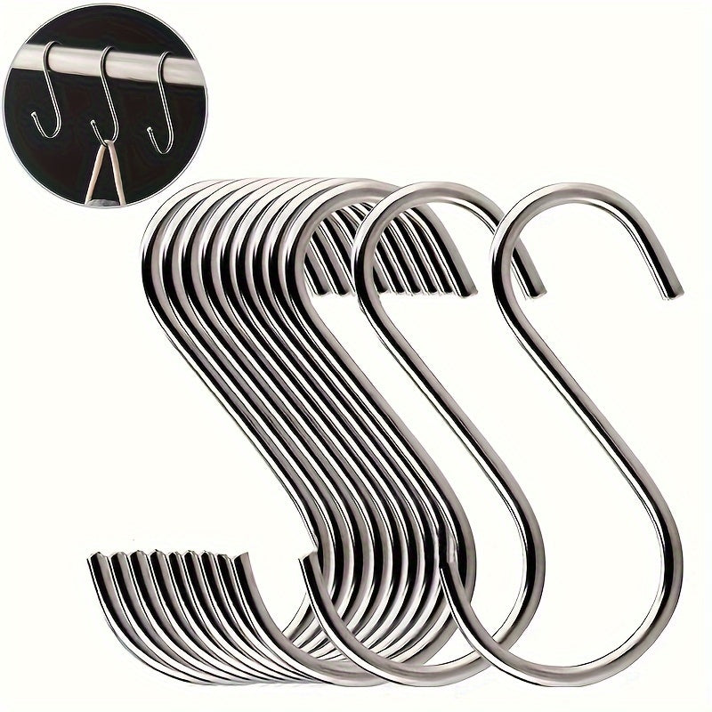 10 stainless steel S-hooks for kitchen, bedroom, and bathroom. Ideal for hanging towels, bags, and accessories. Rustproof and multi-functional.