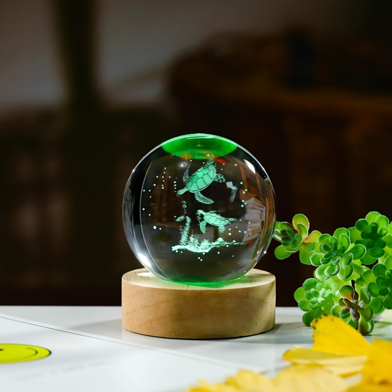 Sea Turtle Crystal Ball with Wooden Light Base – Perfect for Home Decor or as a gift for Turtle Lovers. 5.99 cm.