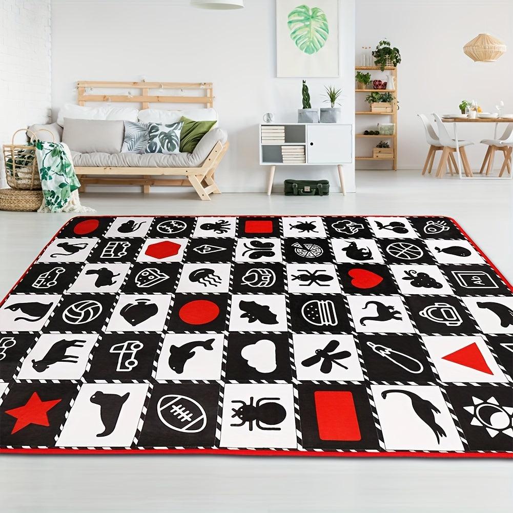 This Large, Thick 0.6cm Floor Mat is Ultra-Soft for Crawling, featuring High Contrast Animal, Fruit & Vehicle Designs. Ideal for Tummy Time, Learning, and Play. In Black & White, with Shapes Toy included. Perfect for Play Mats.