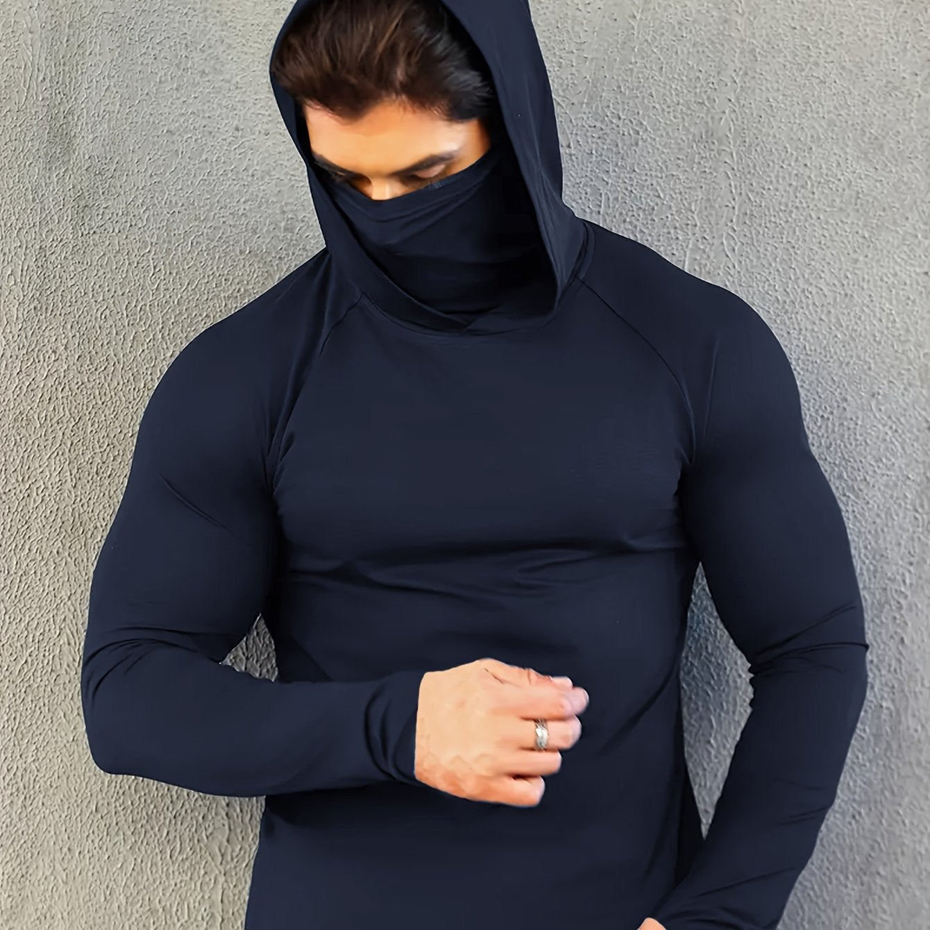 Men's hoodie with mask, quick-drying and breathable long-sleeve t-shirt, spring and autumn compression sports top enhances workout performance, a gift.