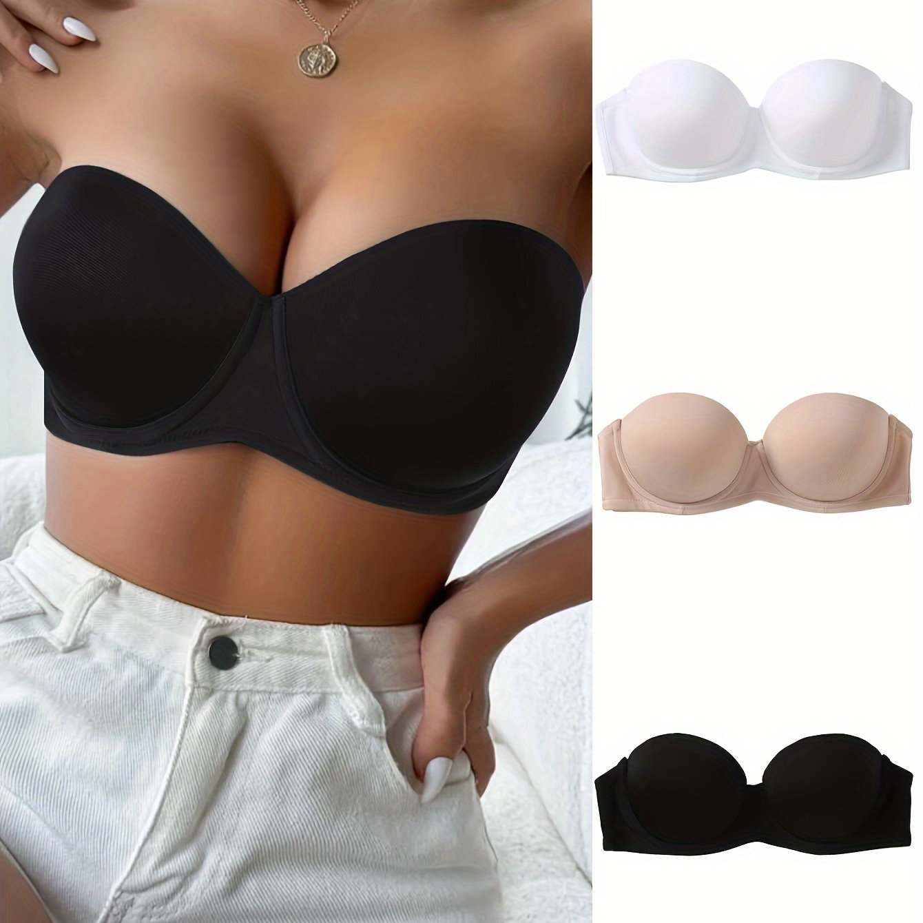 Solid strapless underwire bra set includes 3 pieces of sexy and comfortable push up lingerie for women.