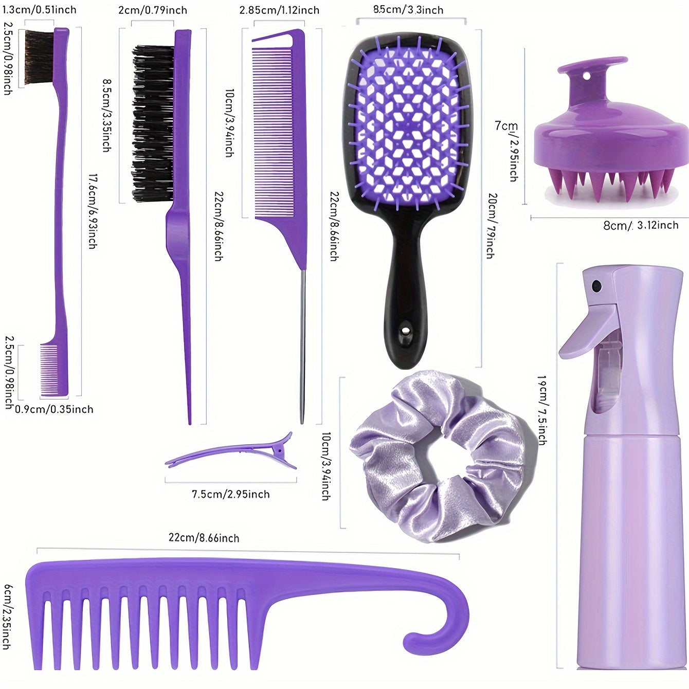 Set of 12 hair styling combs including detangling hair brush, silicone scalp massager shampoo brush, detangler brush, teasing hair brush, comb edge brush, and hairdressing spray bottle for hair styling tools.