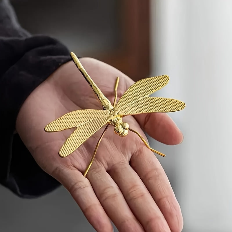 Gold dragonfly tea pet - intricate metal collectible for desk and living room decor, no electricity needed.