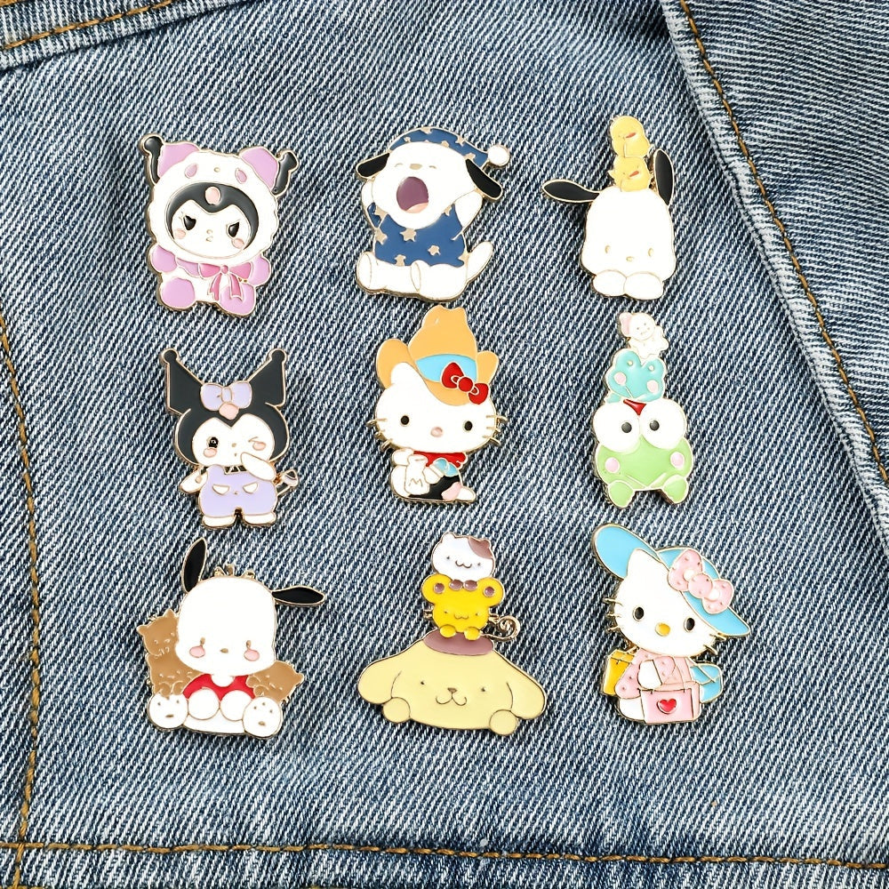 Cute Sanrio Cartoon Kulomi Brooch Set of 9, featuring adorable animal designs with colorful zirconia accents. Made from zinc alloy enamel, perfect for accessorizing backpacks, clothing, and jewelry as a charming holiday gift.