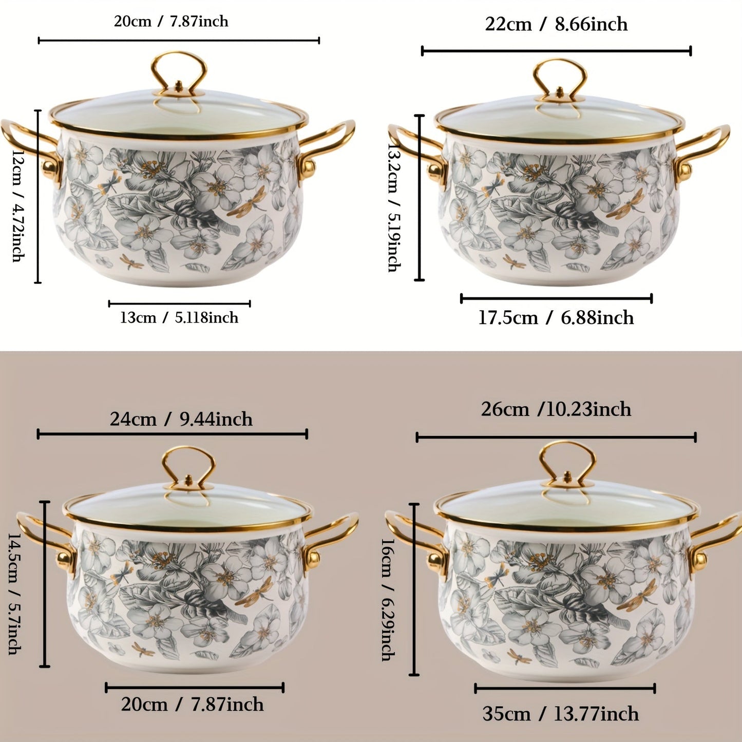 Enamel Soup Pot with Golden Trim - Featuring Dragonfly & Floral Design, Ideal for Home Cooking and Intimate Dinners