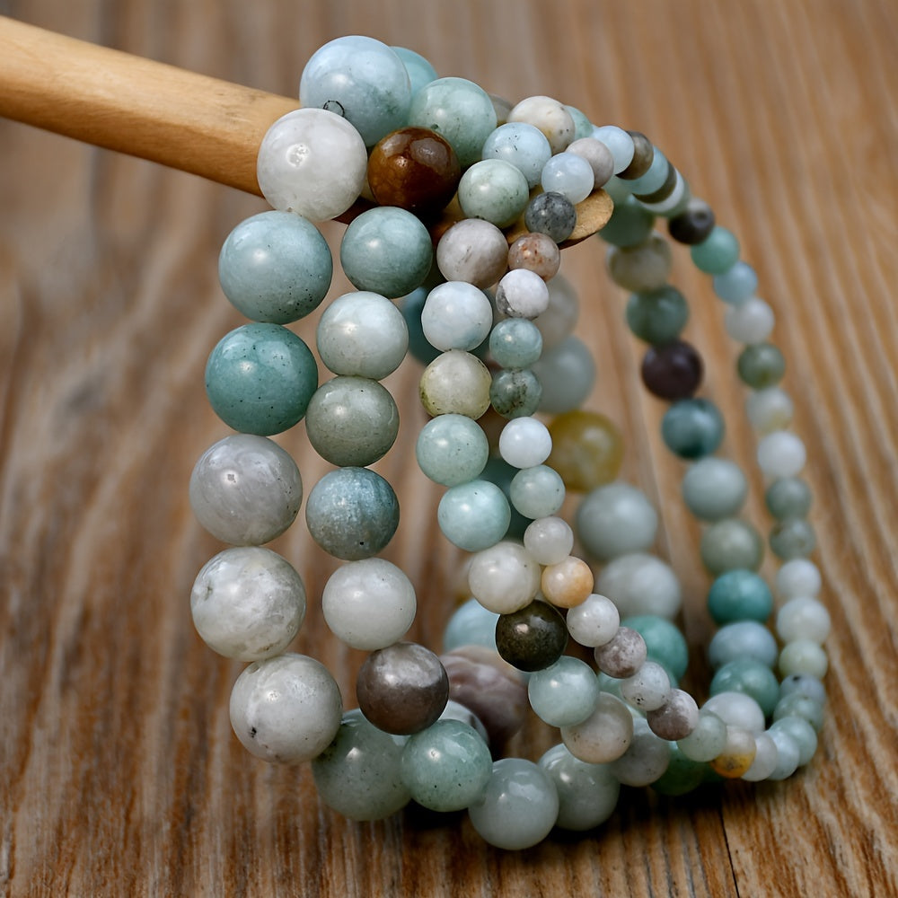 Set of 4 Bracelets made with Natural Amazonite Beads, Perfect for Boho Vacation Style, Ideal for May Birthdays, Unplated, Great for Everyday and St. Patrick's Day Wear