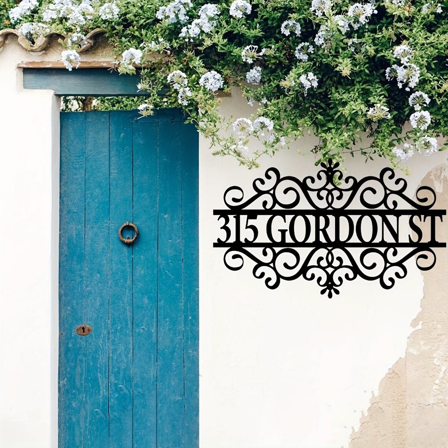 Customize your outdoor decor with a sleek Black Iron Metal Door Hanger featuring your own House Number and Stylish Pattern - Perfect for adding a touch of elegance to your home address or garden. Suitable for individuals ages 14 and up, this unique gift