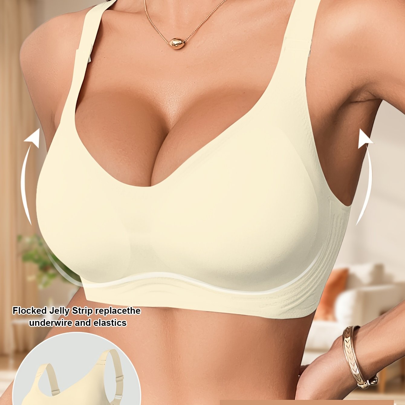 Women's wireless bra with full coverage, polyamide 85% elastane 15%, solid color knit fabric, removable pads for everyday comfort.