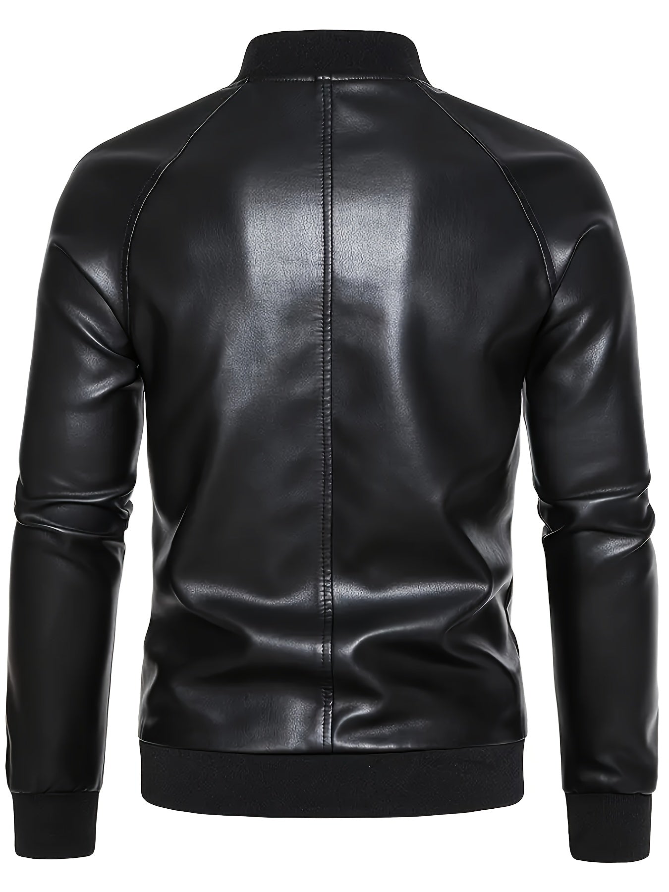 Stylish men's black PU leather jacket with casual baseball collar, zip-up pockets, loose fit, and machine washable - perfect for casual attire.