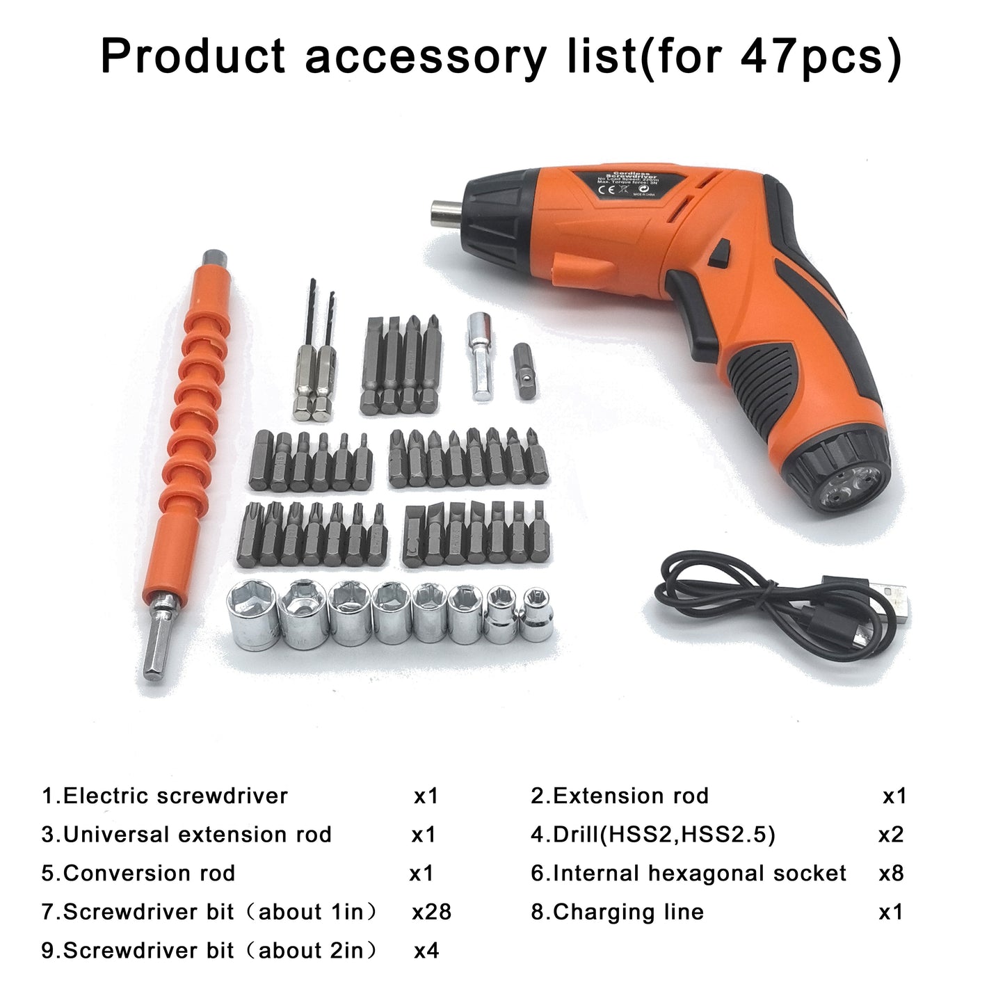 Electric screwdriver set with 47 accessories and flashlight feature, suitable for various uses like tightening screws, nuts, and drilling. Ideal for home repairs and installations.