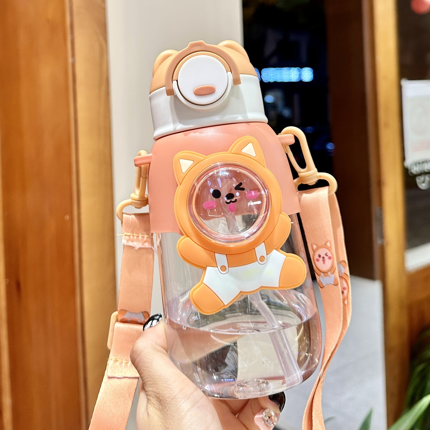 1pc Cute Cartoon Straw Water Bottle- Leak Proof Flip Top, Hand Wash Only, Ideal for Outdoor Activities, Travel, Fitness- Round Shape, PVC Free PC Material.