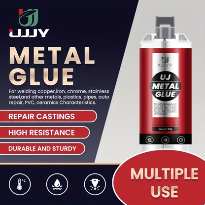 Durable red adhesive for bonding metals and other materials like PVC and ceramics, perfect for welding and automotive repairs.