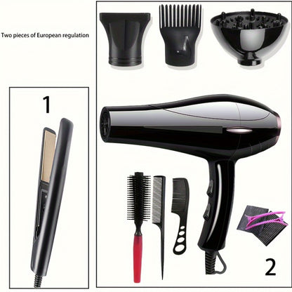 Salon-quality professional hair dryer set with straightener, European plug, includes diffuser, comb, hair clips, and brush. Features 2100W brush motor, 220V, non-folding plastic handle, and