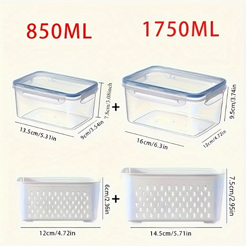 4-piece refrigerator storage bins set made of BPA-free, leak-proof materials. These airtight, stackable meal prep boxes are suitable for storing fruits, vegetables, meat, and grains safely. They are food contact safe.