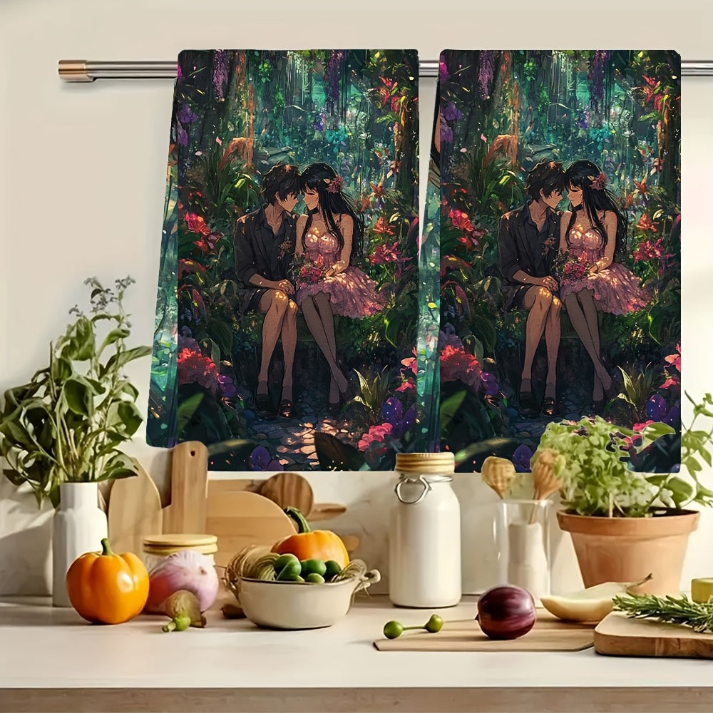 Set of 2 Kitchen Towels - Featuring an Anime Couple Sitting on a Heart Shaped Bench in a Botanical Garden Amidst Exotic Plants and Flowers. These Ultra Soft Towels Create a Luxurious and Romantic Atmosphere. Highly Absorbent and Perfect for Holiday