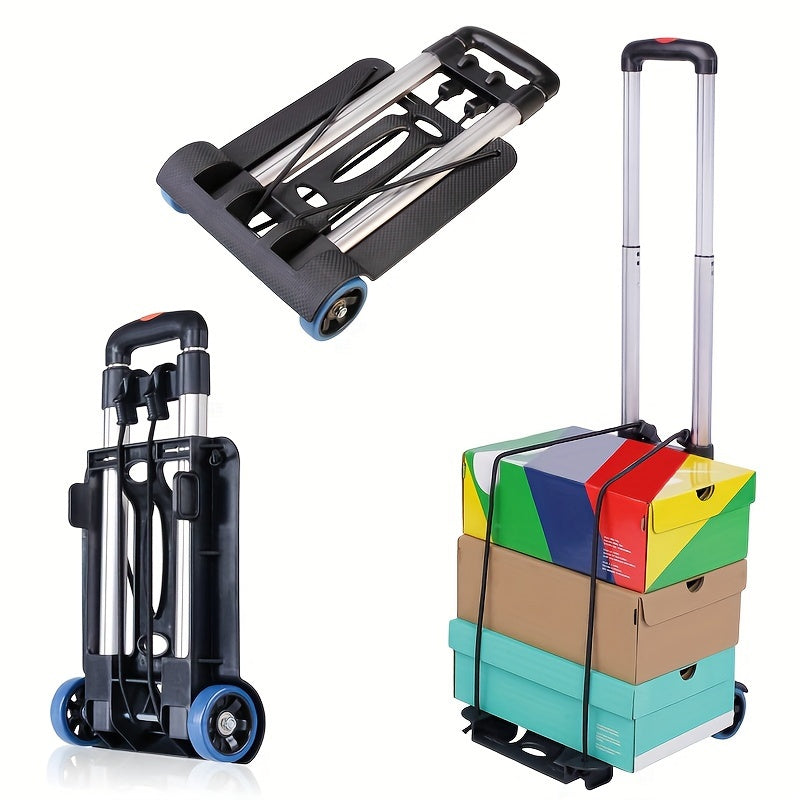 Ultra-Lightweight Portable Trolley - Compact, Folding Design with Telescopic Aluminum Handle, Durable Plastic/Metal/Aluminum Construction, Four Rubber Wheels for Easy Shopping, Moving Freight & Camping Essentials - Black, Ideal for Camping Gear