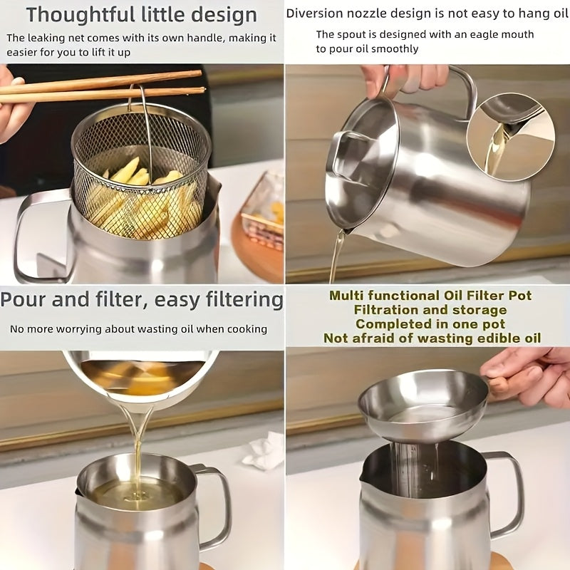 Stainless Steel Oil Filter Pot with Mesh Strainer - High Capacity, Drip-Free, Convenient Pouring for Cooking & Camping