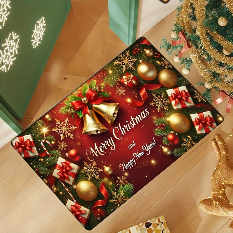 Christmas Doormat made of luxurious plush material, 1.2cm thick and non-slip. Festive red with golden bells and snowflakes design. Absorbent and machine washable, suitable for living room, bedroom, kitchen, office, laundry area, and as a Christmas floor