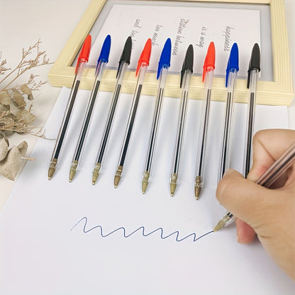 50 transparent round rod quick-drying ballpoint pens with black ink for office and school use.