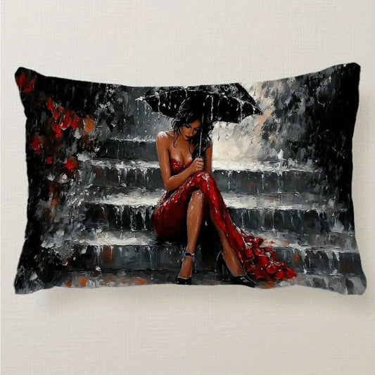 One piece of stylish and comfortable pillowcase measuring 50.8*30.48cm featuring a woman in a red dress holding an umbrella in the rain. Ideal for adding a touch of elegance to your living room, bedroom, or sofa. Perfect for home decoration and outdoor