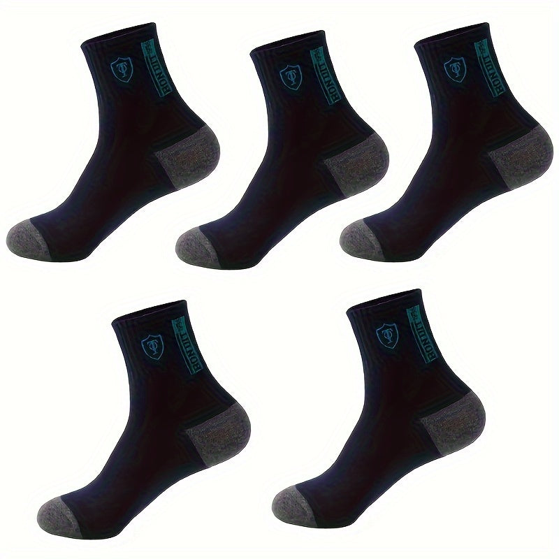 5 pairs of comfortable, trendy crew socks for men, breathable and soft for casual wear.