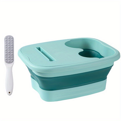 Portable folding foot soak bath tub with lid for deep immersion foot massage. Durable home spa accessory with unscented basin and non-electric manual massage surface. Includes foot file and