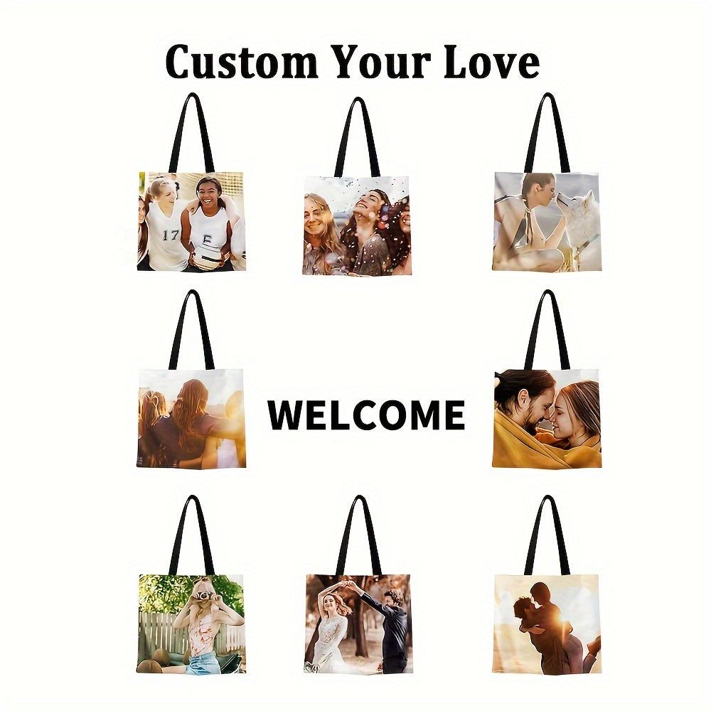 Personalized reusable tote bag with customizable photo and text, foldable design, made of polyester in mixed colors.