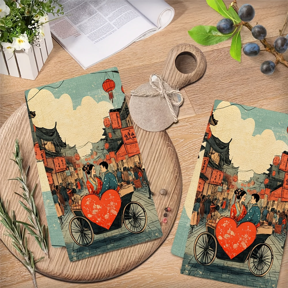 These kitchen towels are luxuriously soft and feature a charming illustration of a couple in traditional Chinese clothing, riding a heart-shaped rickshaw through a bustling street market. They are not only highly absorbent but also perfect for holiday