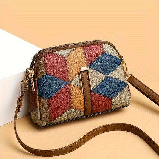 Colorblock crossbody bag featuring a retro rhombus pattern, ideal as a fashion shoulder bag for women.