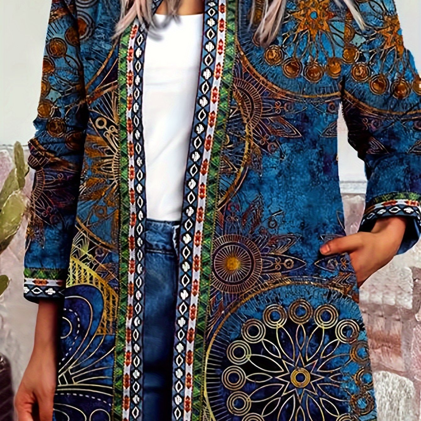 Women's light-weight open-front cardigan with a vintage paisley pattern.