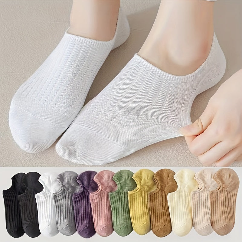 3/6/12-pack Women's Multicolor No-Show Socks featuring soft stretchy polyester blend in solid colors, versatile invisible boat style perfect for casual outfits.