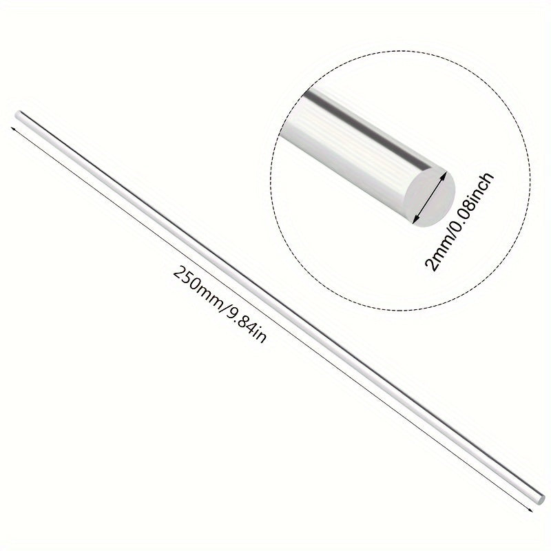 Clear acrylic rods available in sizes ranging from 1-14mm in diameter and 100/250mm in length. Sold in packs of 5 or 10, solid, round, and unpolished.