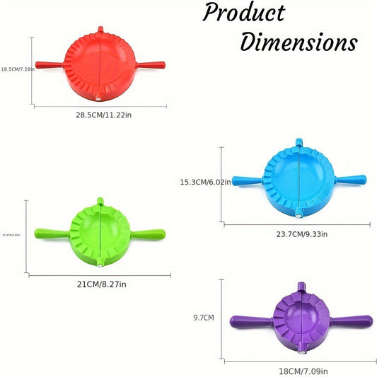 Set of 4 Solutions Dumpling Makers, including Pierogy Maker, Pastelitos Press, Ravioli Maker, Pierogi Cutters, Baozi Maker, Dumplings Machine, Mini Pie Maker, Dupling Maker, and Gyoza Maker.