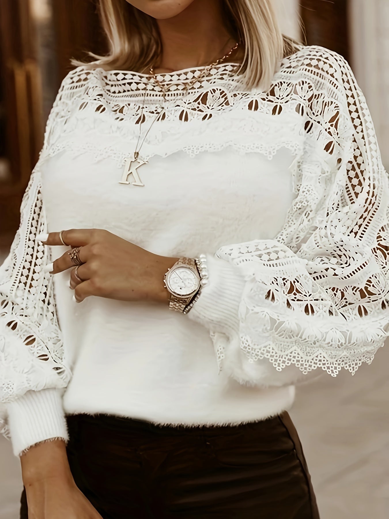 Stylish white lace-trimmed sleepwear top for women made of soft polyester with long sleeves, round neck, and machine washable - perfect for chic fashion in Spring/Summer/Fall.