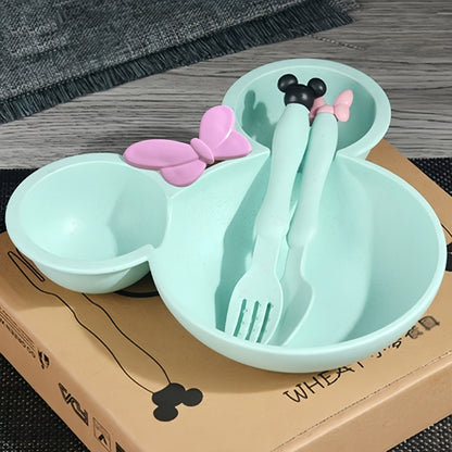 3PCS Cartoon Shaped Training Bowl with Divided Bowl, Snack Plate, and Cutlery Set. Includes 1 Bowl, 1 Spoon, and 1 Fork. Dishwasher safe, non-toxic, BPA free. Ideal for kitchen and tableware.