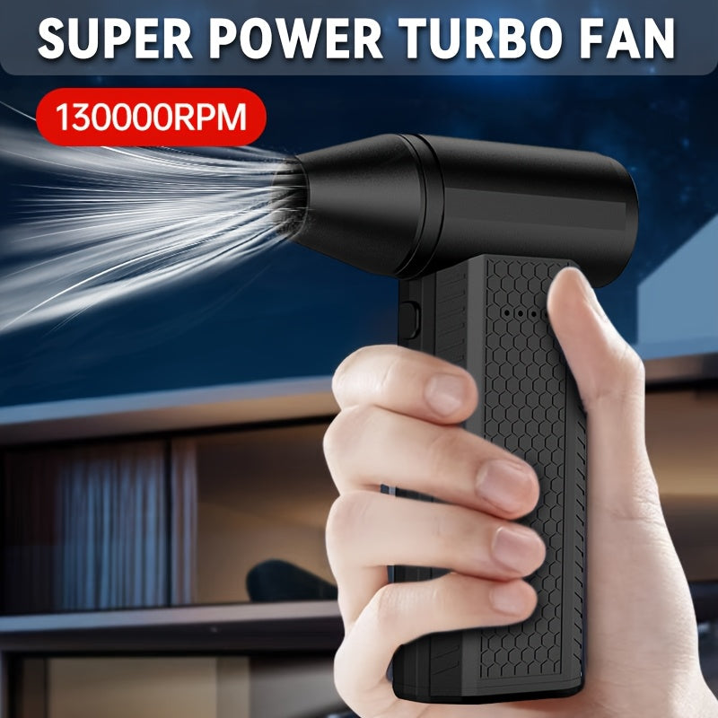 Black Portable Wearable Fan with Turbo Jet Technology, High-Speed Mini Air Blaster with 130000RPM, 3 Adjustable Speeds, Brushless Motor, USB Rechargeable 8000mAh Lithium Battery, Button Control for Indoor & Outdoor Use, Strong Wind for Dusting, Snow