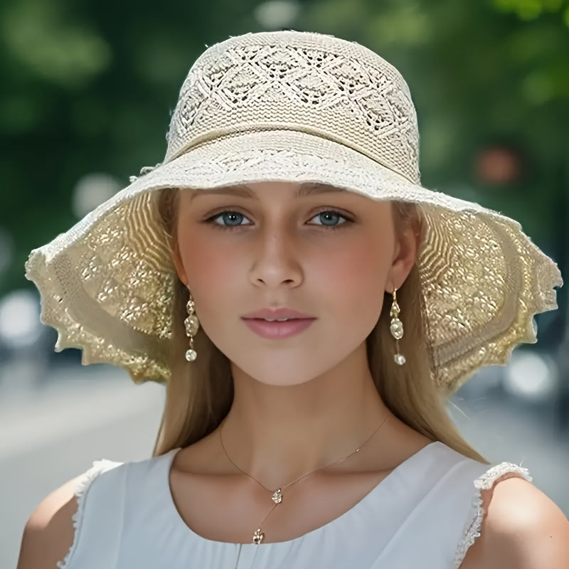 Stylish women's sun hat with breathable foldable wide brim for UPF protection, hand washable for summer travel.