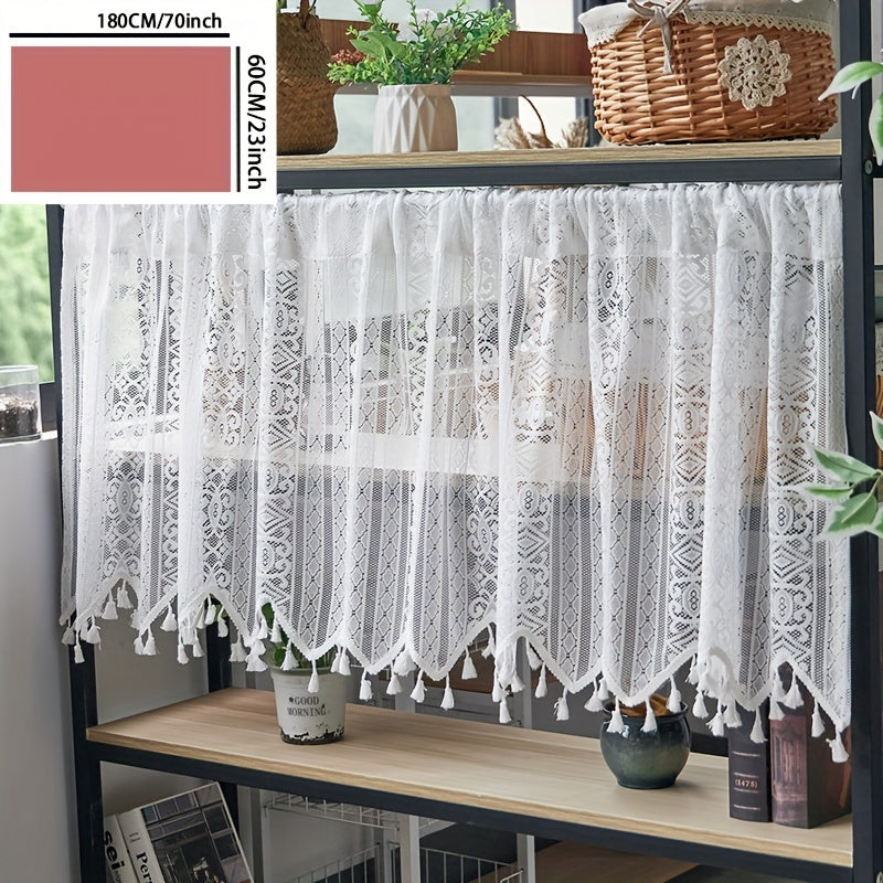 Artistic Boho Geometric Lace Tassel Cafe Curtain Tiers - Made from Polyester, these Semi-Sheer Rod Pocket Kitchen Window Curtains have Thermal Insulated Features. Hand Wash Only. Unique & Cordless Design.