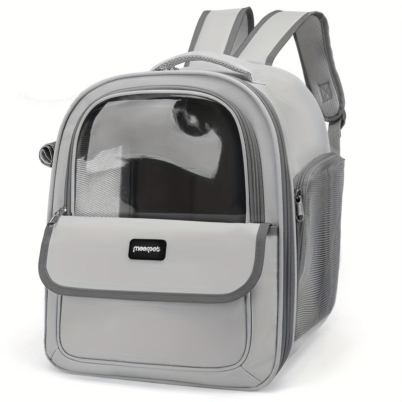 Large transparent space capsule pet carrier backpack for cats or dogs, breathable and portable.