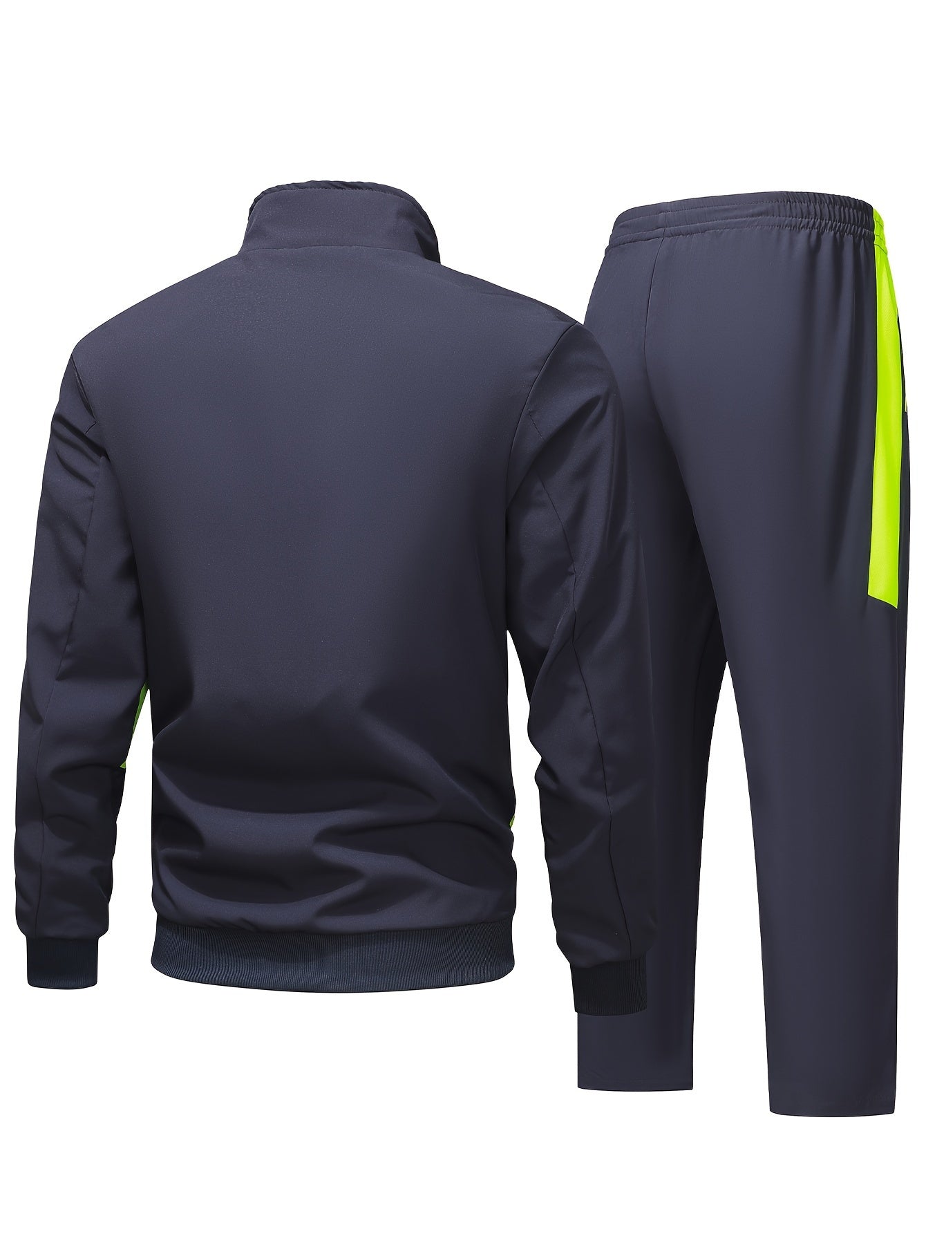 Men's color block sports tracksuit set with zipper jacket and pants - machine washable and dry cleanable.