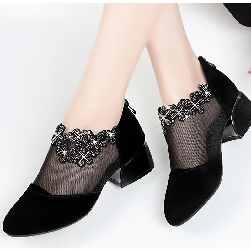 Women's Rhinestone Mesh Block Heel Zipper Dress Shoes