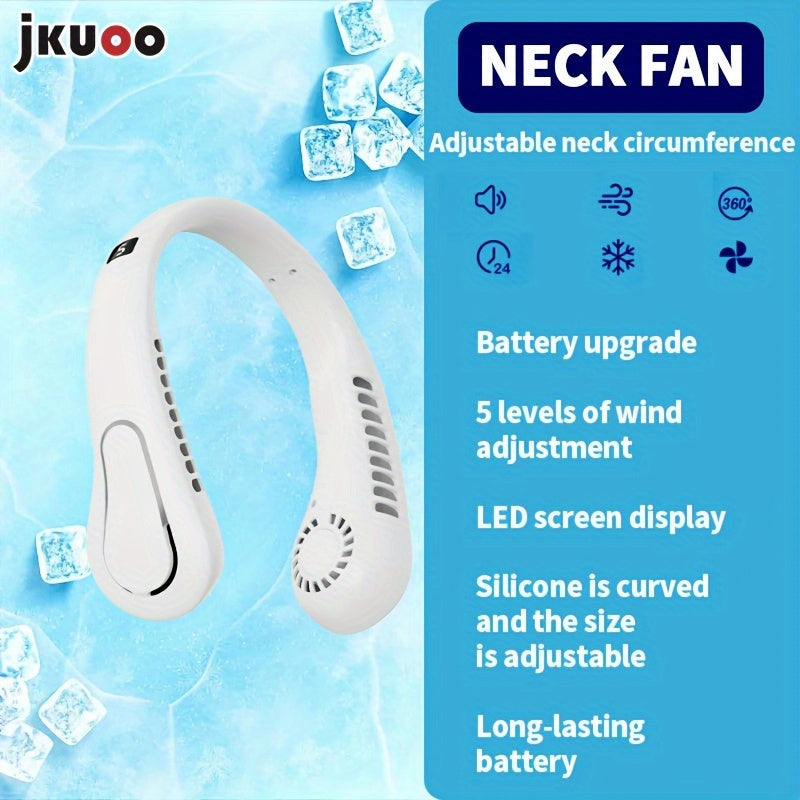 Top Pick: JKUOO Ultra-Quiet Neck Fan - Rechargeable via USB, 5-Speed Adjustments, Rapid Cooling with Comfortable Silicone Handle, Ideal for Home, Work, Travel, and Exercise