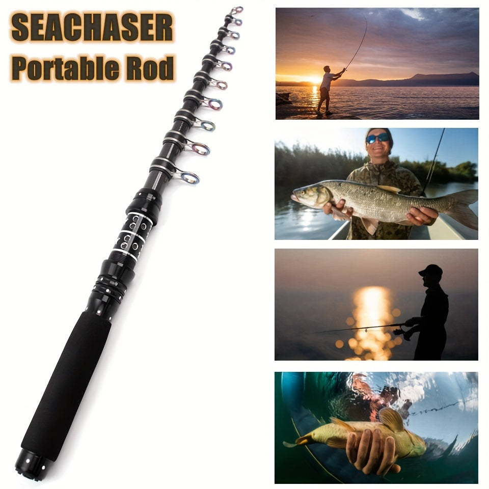 Ultra-short, ultra-hard carbon fishing rods measuring 2.1m-3.0m, with portable telescopic design and larger guide rings and handles. Ideal for carp and bass fishing, convenient for seaside