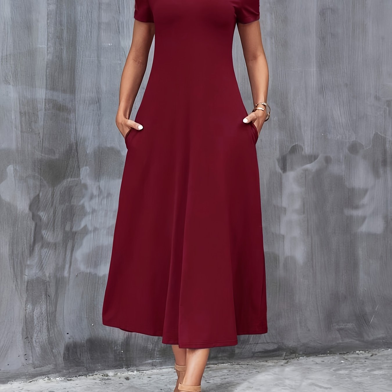 Women's Elegant Green V-Neck A-Line Dress with Pockets, Casual Polyester Blend, Machine Washable, Perfect for All Seasons, Comfortable Fashion with Glossy Texture.